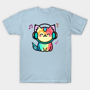 Happy smiling baby pussy cat with headphones. Kawaii cartoon T-Shirt